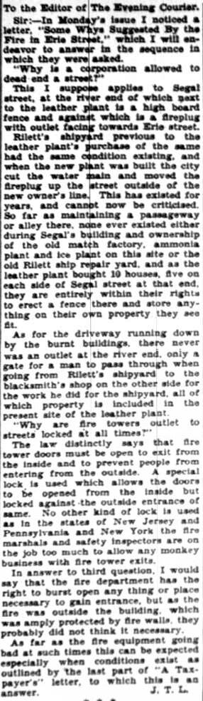 Letter to the Editor of The Evening Courier responding to questions about the Erie Street fire — February 1928 (full clipping)