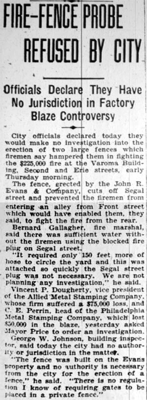 Fire-Fence Probe Refused by City — Camden Courier-Post, February 29, 1928 (full clipping)