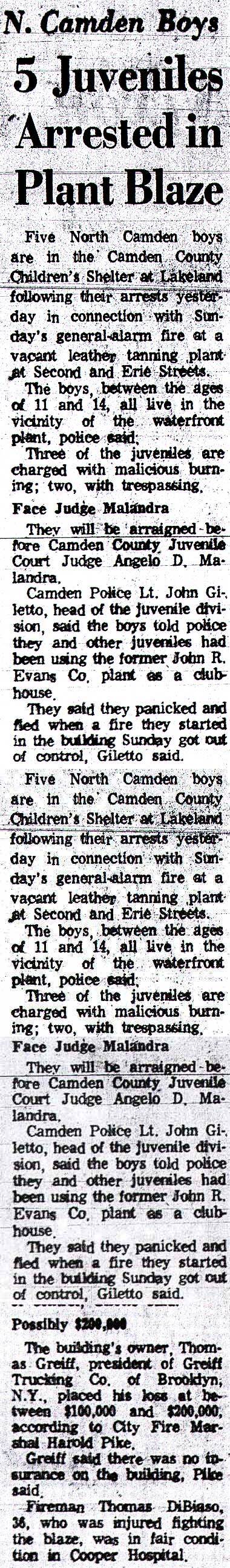 N. Camden Boys: 5 Juveniles Arrested in Plant Blaze — Camden Courier-Post, December 22, 1971 (full clipping)