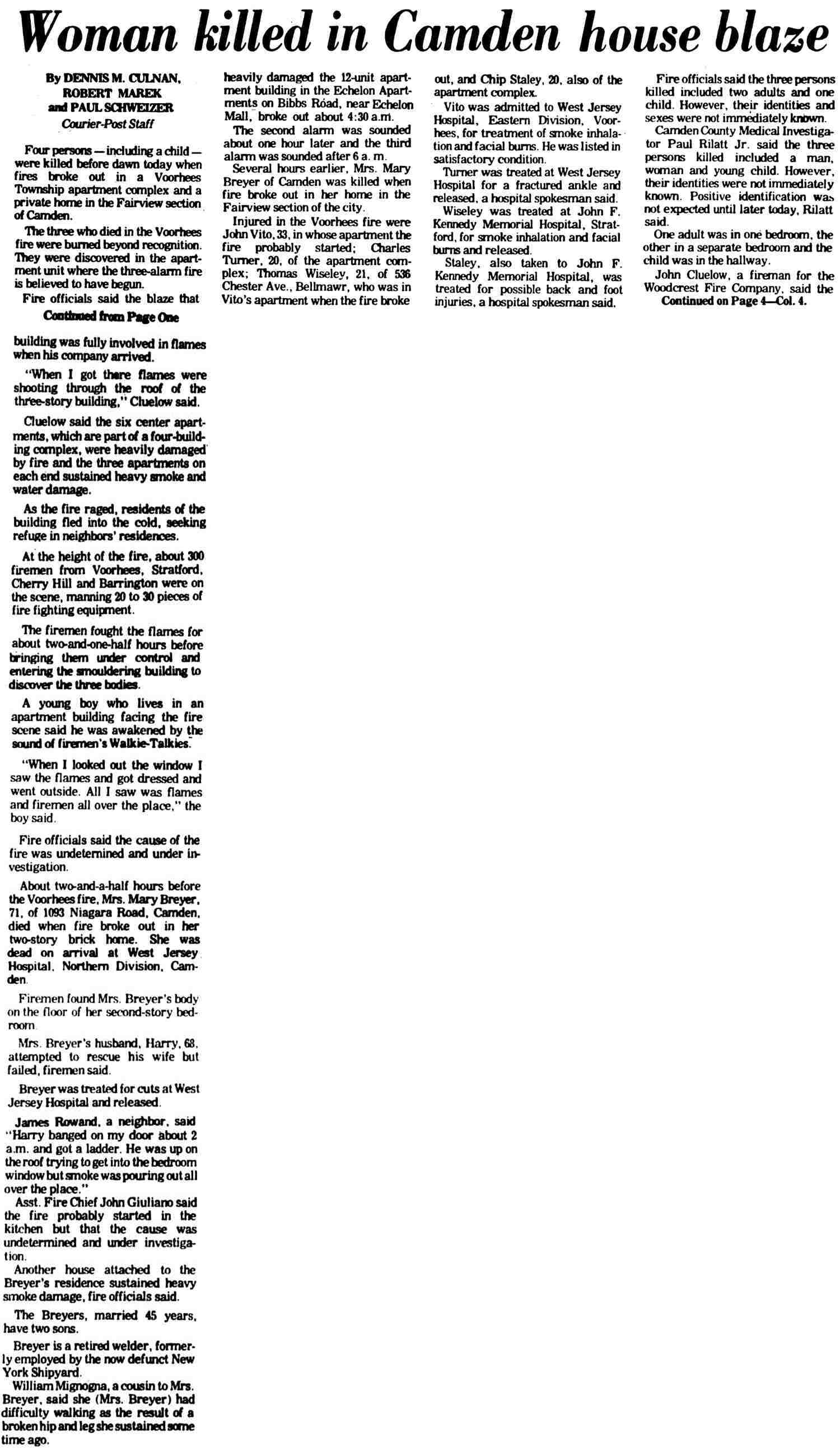 Woman Killed in Camden House Blaze — Camden Courier-Post, February 7, 1976 (full clipping)