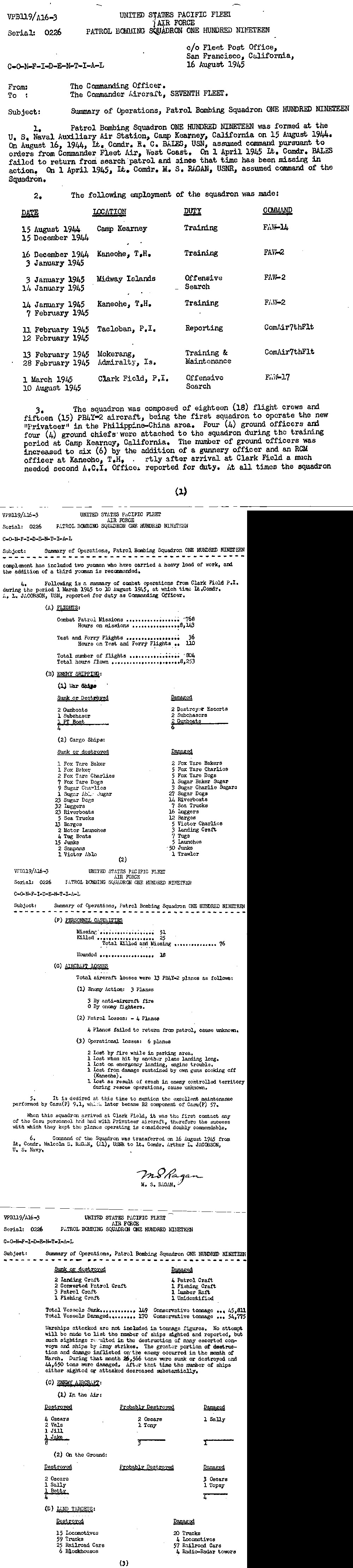 Summary of Operations, Patrol Bombing Squadron VPB-119 — U.S. Pacific Fleet Air Force (4-page document)