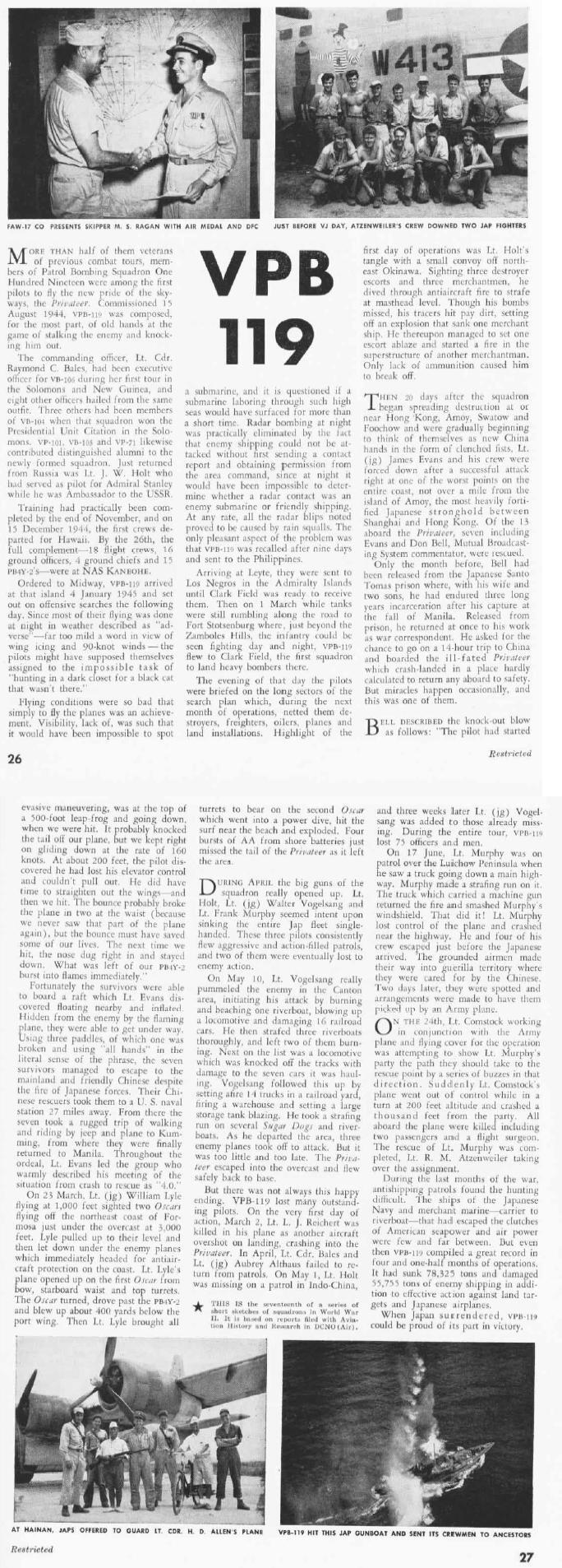 VPB-119: First Fleet Privateers — Naval Aviation News, June 1949 (2-page article)