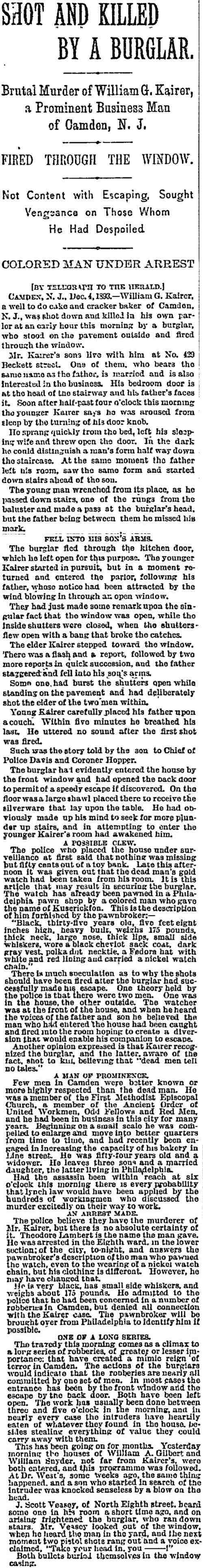 Shot and Killed by a Burglar — New York Herald, December 5, 1893 (full clipping)