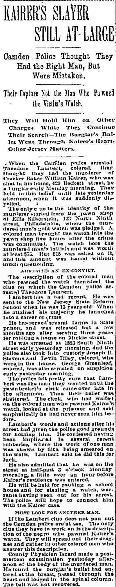 Kairer's Slayer Still at Large — Philadelphia Inquirer, December 6, 1893 (full clipping)