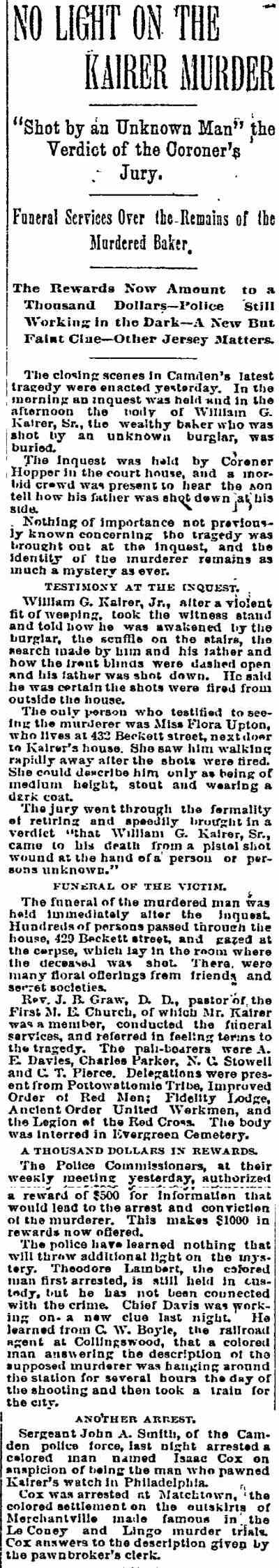 No Light on the Kairer Murder — Philadelphia Inquirer, December 8, 1893 (full clipping)