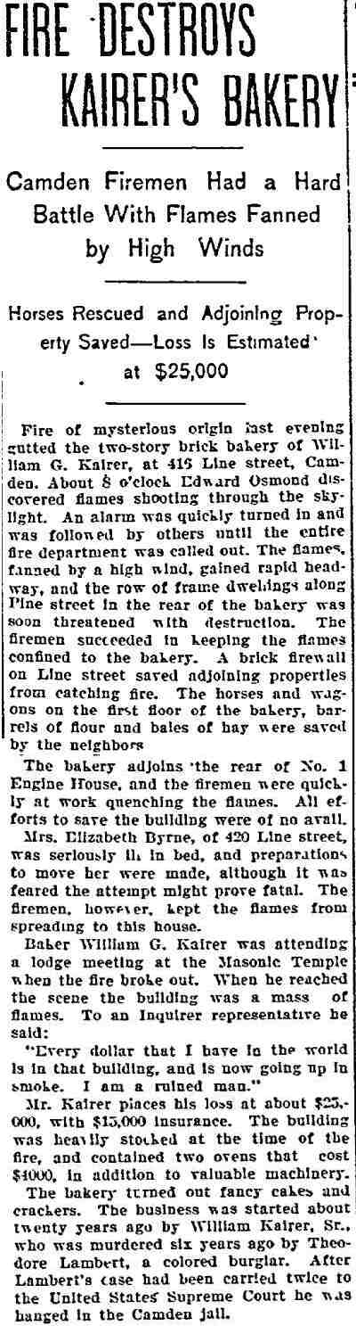 Fire Destroys Kairer's Bakery — Philadelphia Inquirer, January 27, 1900 (full clipping)