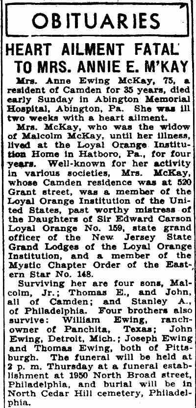 Heart Ailment Fatal to Mrs. Anne Ewing McKay, Camden Courier-Post, April 20, 1937