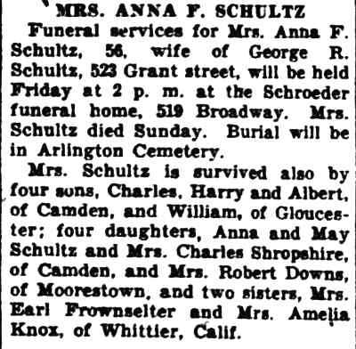 Mrs. Anna F. Schultz, Camden Courier-Post, September 15, 1936