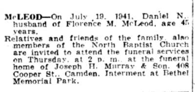 Death notice for Daniel N. McLeod, Camden Courier-Post, July 1941