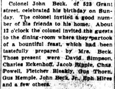Colonel John Beck Birthday Party, Camden Post-Telegram, March 27, 1906