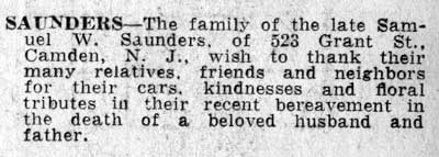Samuel W. Saunders (Card of Thanks), Camden Courier-Post, February 12, 1938