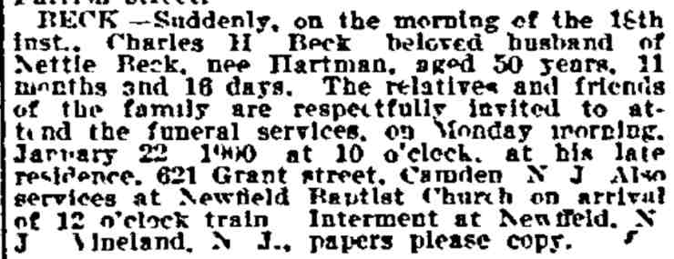 Charles H. Beck, Philadelphia Inquirer, January 19, 1900