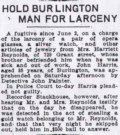 Hold Burlington Man for Larceny, July 28, 1913