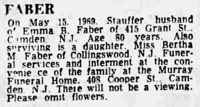 Stauffer Faber death notice, 1969