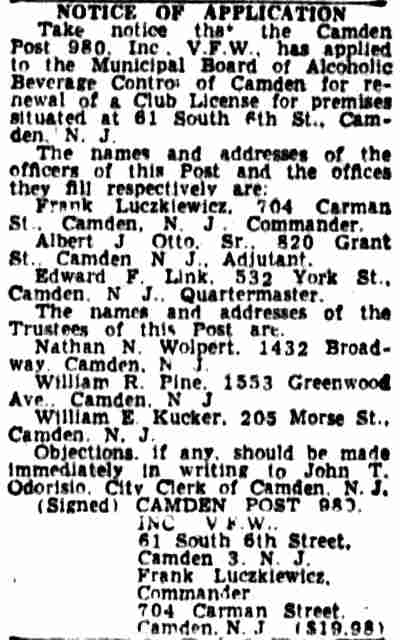 1958 ABC club-license renewal notice for Camden Post 980 V.F.W.