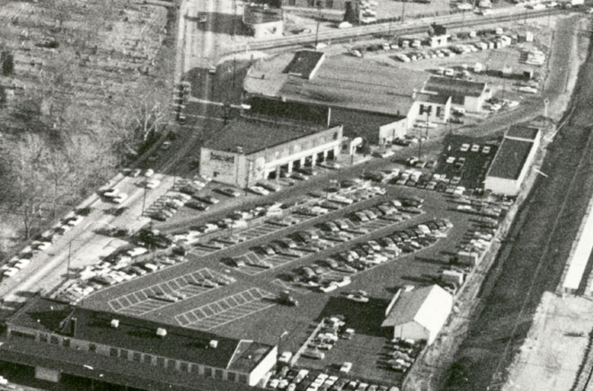December 1967 parking lot at the former George D. Weatherill Varnish Works site, with 1721 Haddon Avenue and Randolph Chevrolet visible