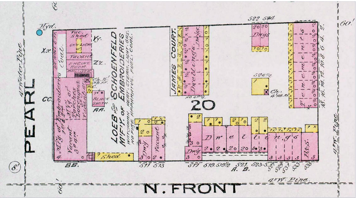 1885 Sanborn map showing the area south of James Court, Loeb & Schoenfeld Lace Factory