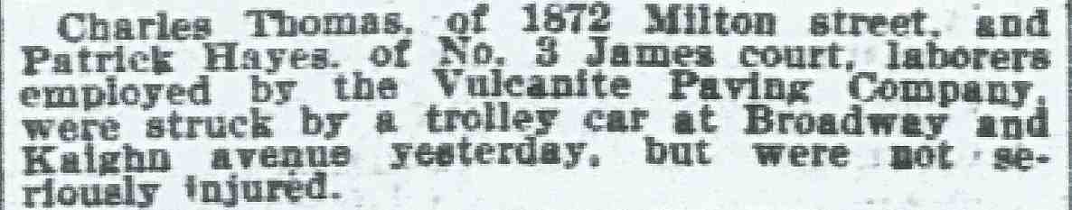 Laborers struck by trolley — Philadelphia Inquirer, November 17, 1899