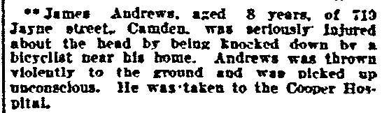Newspaper clipping about James Andrews injury — Philadelphia Inquirer, June 1, 1903