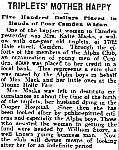 Triplets' Mother Happy — Philadelphia Inquirer, October 19, 1910