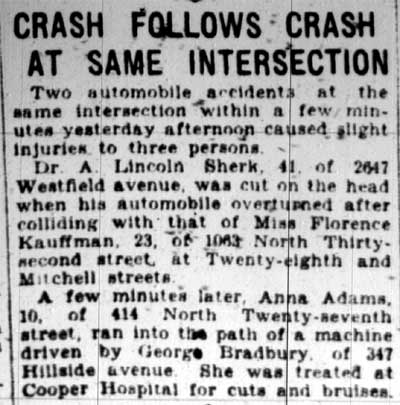 Crash Follows Crash at Same Intersection — Camden Courier-Post, April 6, 1928