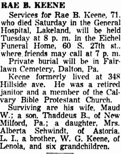 Rae B. Keene obituary — Camden Courier-Post, March 26, 1957