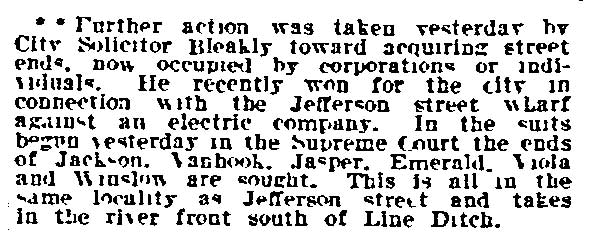 Philadelphia Inquirer, February 4, 1912 — Street ends along the Delaware River sought for the city by City Solicitor E.G.C. Bleakly