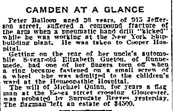 Philadelphia Inquirer, July 30, 1915 — Peter Bolione of 915 Jefferson Street injured at New York Shipbuilding plant