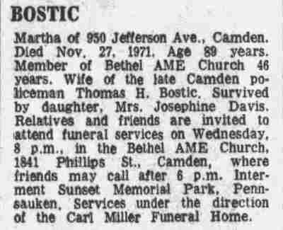 Camden Courier-Post, November 29, 1971 — Obituary for Martha Bostic of 950 Jefferson Avenue