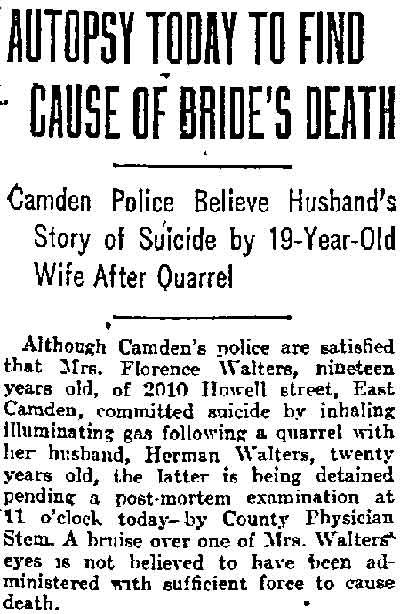 Autopsy Today to Find Cause of Bride's Death — Florence Walters, 2010 Howell Street, Philadelphia Inquirer, September 8, 1916