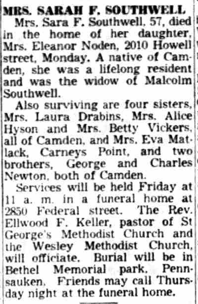 Obituary for Mrs. Sarah F. Southwell, 2010 Howell Street, November 1951