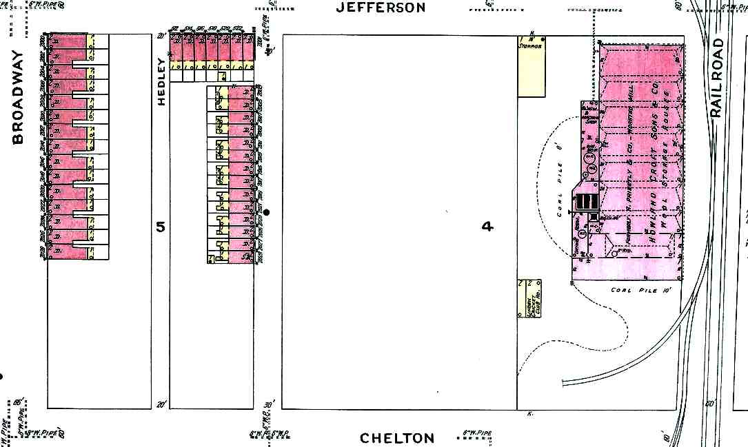 1906 Sanborn map showing the south side of Jefferson Street from Broadway to Railroad Avenue