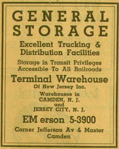 New Jersey Bell Telephone Yellow Pages advertisement, 1956 — Terminal Warehouse of New Jersey Inc. at Jefferson and Master Streets