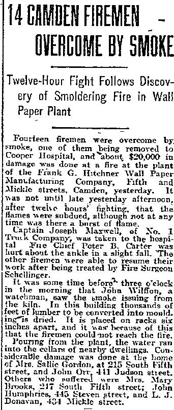 14 Camden Firemen Overcome by Smoke — Philadelphia Inquirer, January 4, 1917