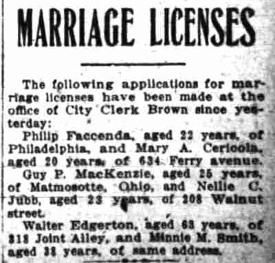 Marriage Licenses — Walter Edgerton, 318 Joint Alley, Camden Post-Telegram, November 20, 1917