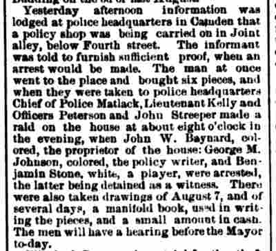 Policy Shop Raided on Joint Alley — 330 Joint Alley, Philadelphia Inquirer, August 8, 1884