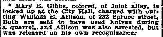 Mary E. Gibbs arrested — Joint Alley, Philadelphia Inquirer, December 27, 1896