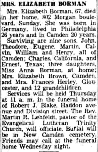 Mrs. Elizabeth Borman obituary, 802 Morgan Boulevard