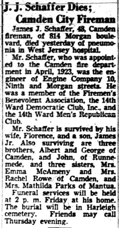 J. J. Schaffer Dies; Camden City Fireman, Camden Courier-Post, January 6, 1947