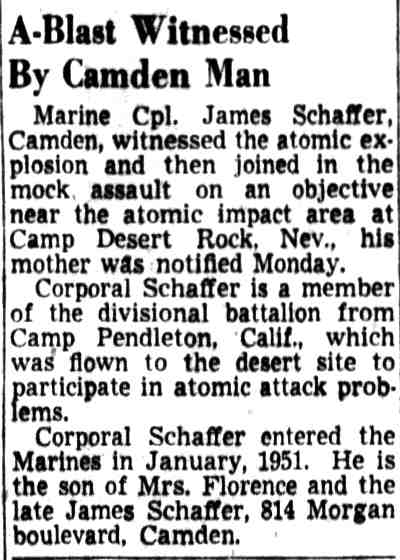 A-Blast Witnessed By Camden Man, Marine Cpl. James Schaffer, Camden Courier-Post, May 6, 1952
