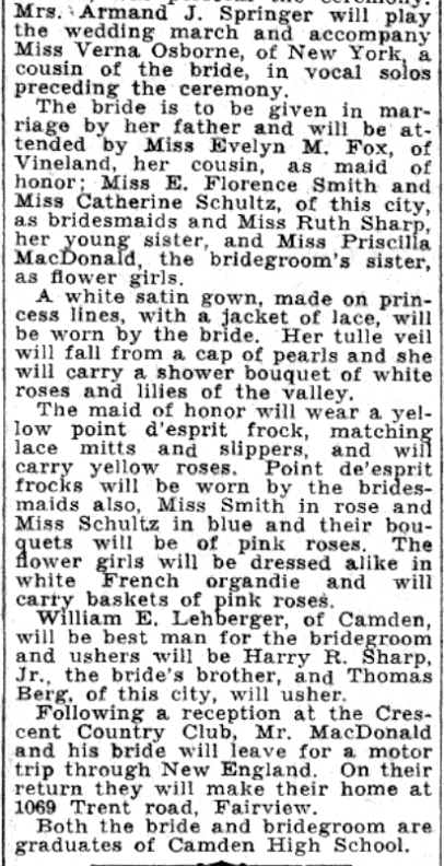 MacDonald-Sharp wedding announcement, 819 Morgan Boulevard