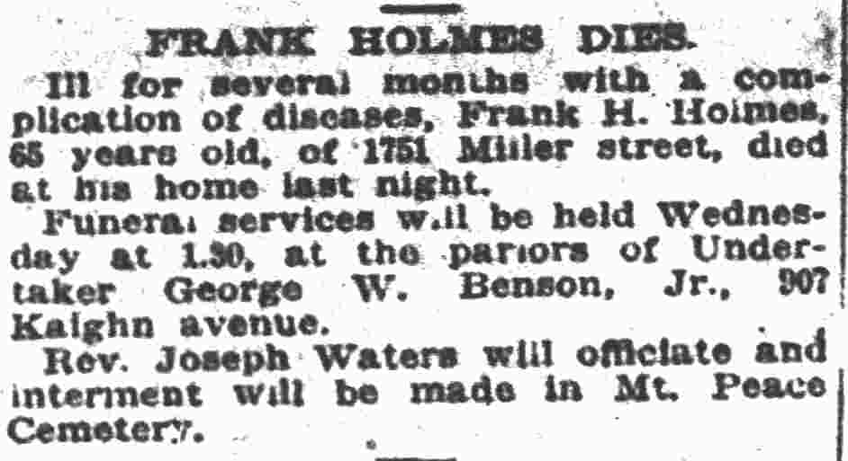 907 Kaighn Avenue, Frank Holmes death notice, Camden Post-Telegram September 17, 1923