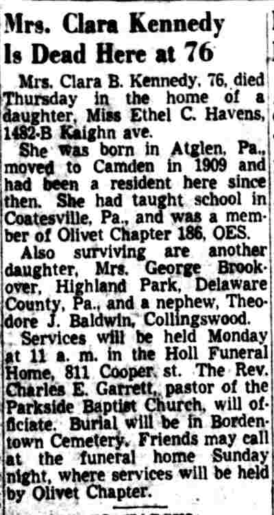 1482-B Kaighn Avenue, Ethel C. Haven / Mrs. Clara B. Kennedy, Camden Courier-Post April 3, 1953