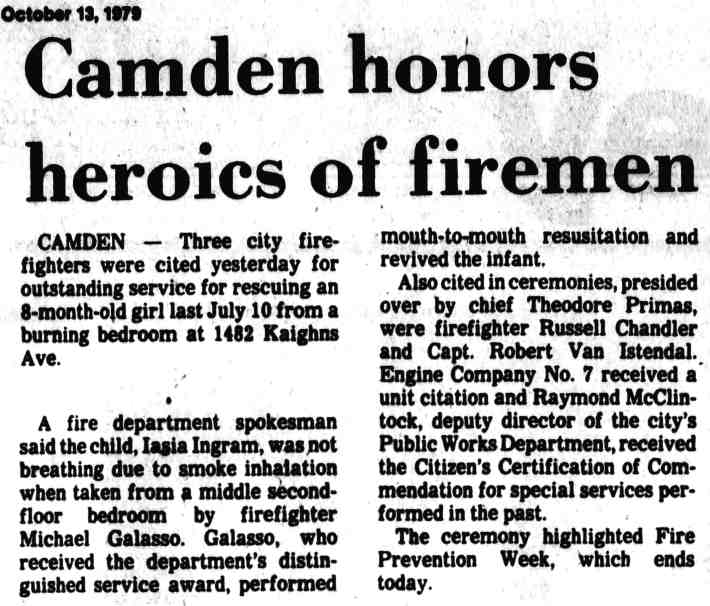 1482 Kaighn Avenue, firefighter heroics, Camden Courier-Post October 13, 1979