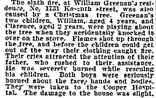 Philadelphia Inquirer, January 4, 1899 — Christmas Tree Fire at Greenan Residence