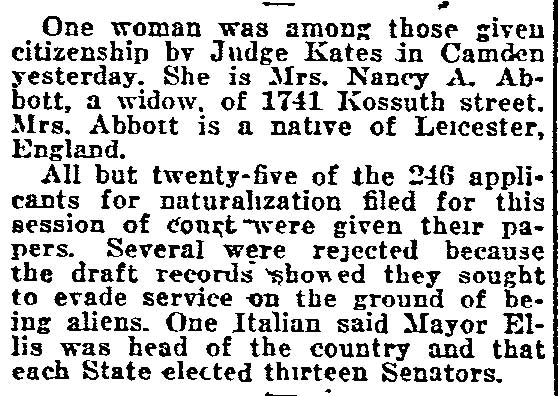 Philadelphia Inquirer, October 4, 1921 — Woman Among Citizenship Recipients