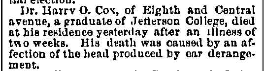 Philadelphia Inquirer, October 2, 1884 — Dr. Harry O. Cox Obituary