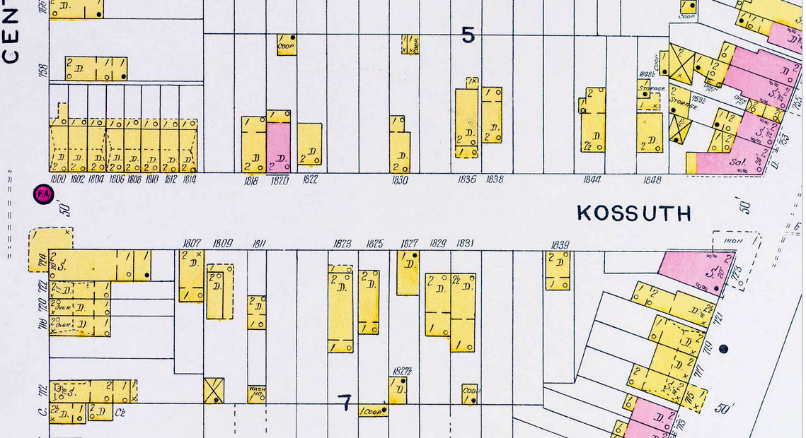 Sanborn fire insurance map, 1800 block of Kossuth Street, 1906