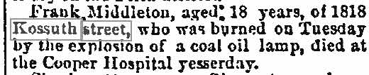 Philadelphia Inquirer, August 28, 1890 — Died of Burns, Frank Middleton
