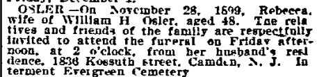 Philadelphia Inquirer, November 30, 1899 — Osler Funeral Notice
